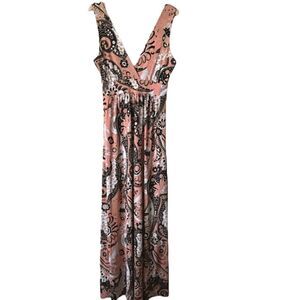 Paisley Floral Stretch Pink Peach Maxi Dress Size M-XL
